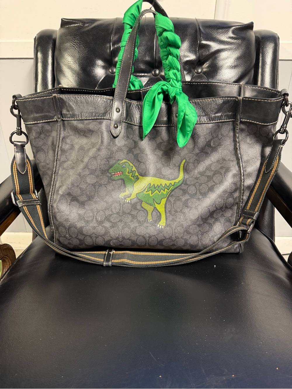 Coach Black Signature Canvas Tote with Green Dinosaur Accent and Scarf